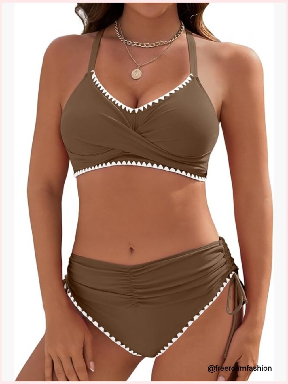 V Neck High Waisted Bikini Set Shell Stitched Two Piece Tie Side Swimwear
